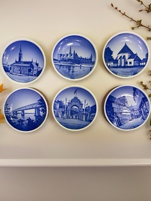 Vintage Denmark Set of 6 Ceramic Blue & White 3 inch Plates 2010 Collection 