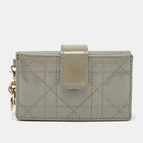 Porte carte Dior gris cannage cuir verni Lady Dior 5 soufflets