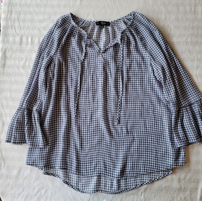 Fred David Women's Blouse Size L   Gray/white Cheaker  3/4 Sleeves
