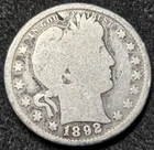 1892 Barber Silver Quarter Dollar..