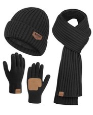 Winter Scarf for Men, Thick Warm Gloves Beanie Hat Set 3PCS - 3-in-1 A-black