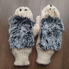 Hedgehog Knit Gloves Adults Cream  Black Plush Decor Warm Winter Used Japan