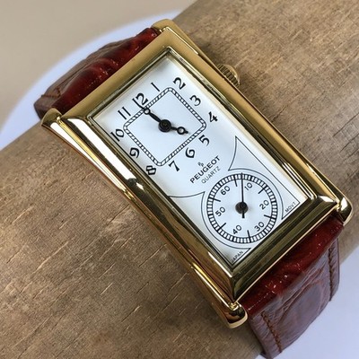 Vtg Peugeot Men 2038 Dress Rectangular Leather Quartz Analog 25mm