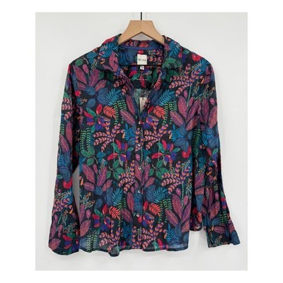 NIC+ZOE Shirt Womens Medium Petite Blue Floral Tropical Leaf Crinkle Cotton NEW