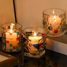 Set of 3 Glass Tea Light Holders Decorative Pattern – Colourful
