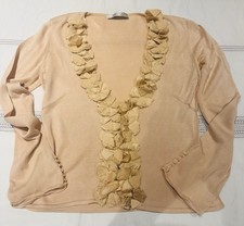 Nougat London 100% Silk Knit Cardigan Top Champagne Beige Ruffle V-Neck Sz 3 L