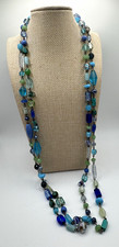 Multicolor Blue Green Glass Beaded Layered Necklace 36" Lobster
