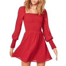 Reformation Kelli Smocked Dress In Lipstick Red SIZE S