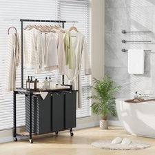 Laundry Sorter Cart w/Hanging Rack Shelf 3 Section Rolling Laundry Hamper Basket