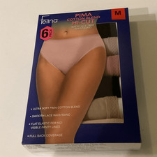 Felina 6 PACK Pima Cotton blend Hi-Cut with Lace Trim Waistband, Medium, NWT