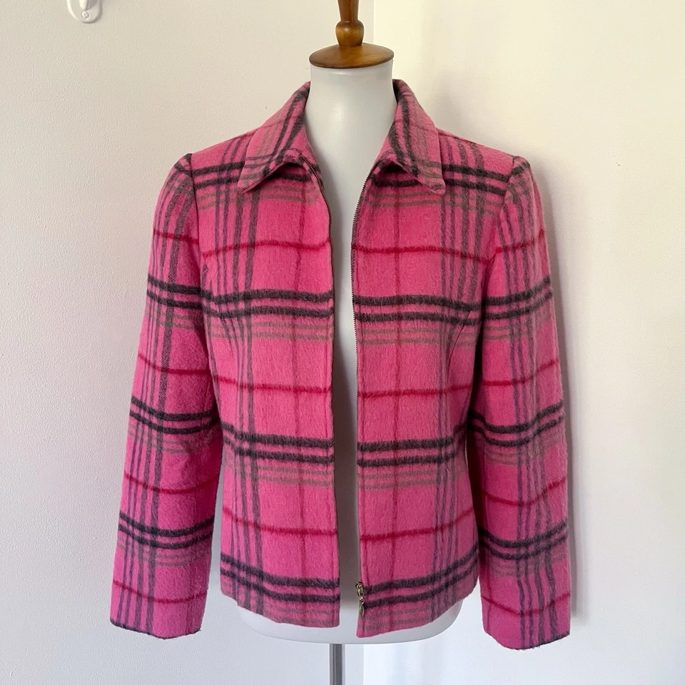 Chaqueta Blazer Vintage Años 90/Y2K Rosa Mezcla Mohair Lana A Cuadros Acrílico Escuela Niña Foto 2 de 4