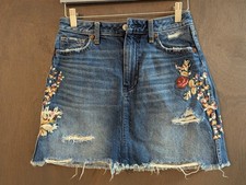 Abercrombie  Fitch Denim Mini Skirt 27 S Distressed Embroidered Floral Boho