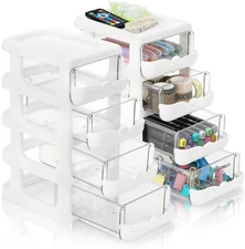 2 Pack Plastic Desktop Drawer Organizer, Clear 8 Drawers Desk Storage Unit White