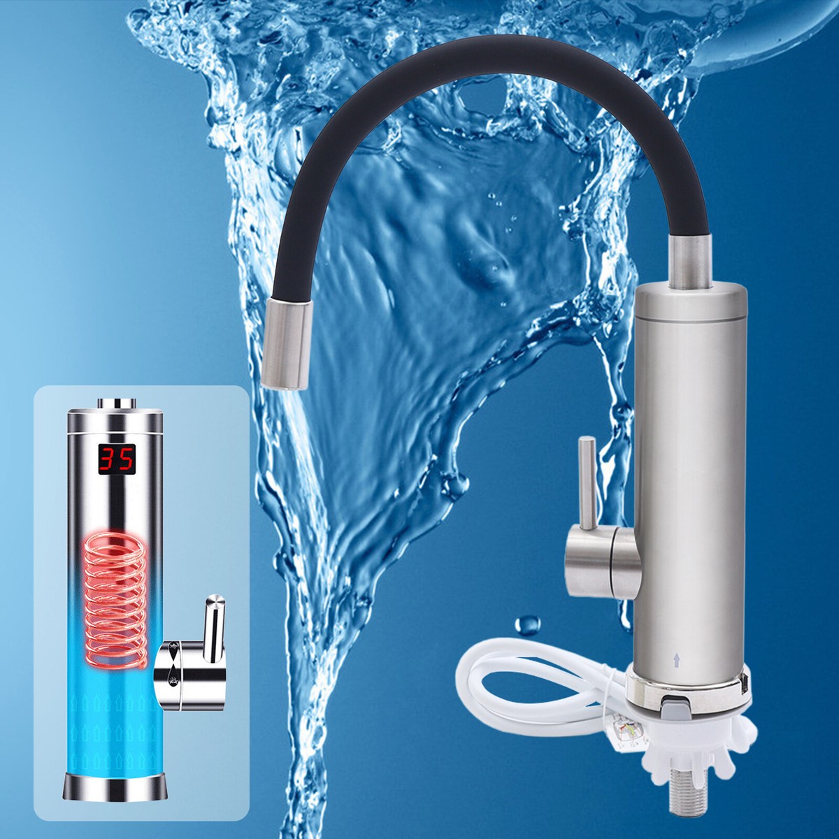 HOMELODY Küchenarmatur Elektrischer Wasserhahn Durchlauferhitzer 3000W Mit Temperaturanzeige (Set) Sofort Warmes Wasser · Flexibel Beweglicher Auslauf · Edelstahl