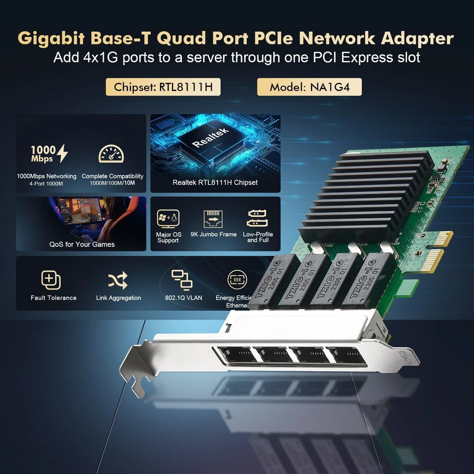 Binardat 4 Port Gigabit PCIe Netzwerk Adapter, Realtek Controller 1000/100Mbps - Bild 2 von 4