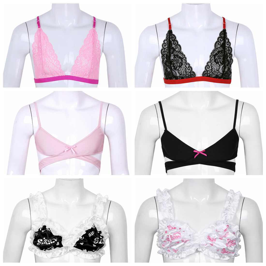 Sissy Men Lingerie Lace Bra Wire-free Satin Bralette Cross Dresser