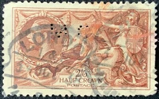 GB KING GEORGE V HALF CROWN SEAHORSE STAMP WITH ‘M C’ PERFIN (MIDDLESBROUGH CBC)