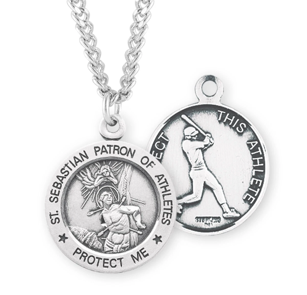 Mens Saint Sebastian Round Sterling Silver Baseball Athlete Medal