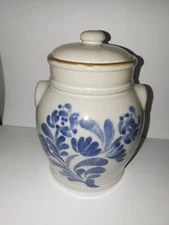 MADE IN JAPAN PRESTIGE PLACE POTTERY CROCK WITH LID BLUE & GRAY 6" H