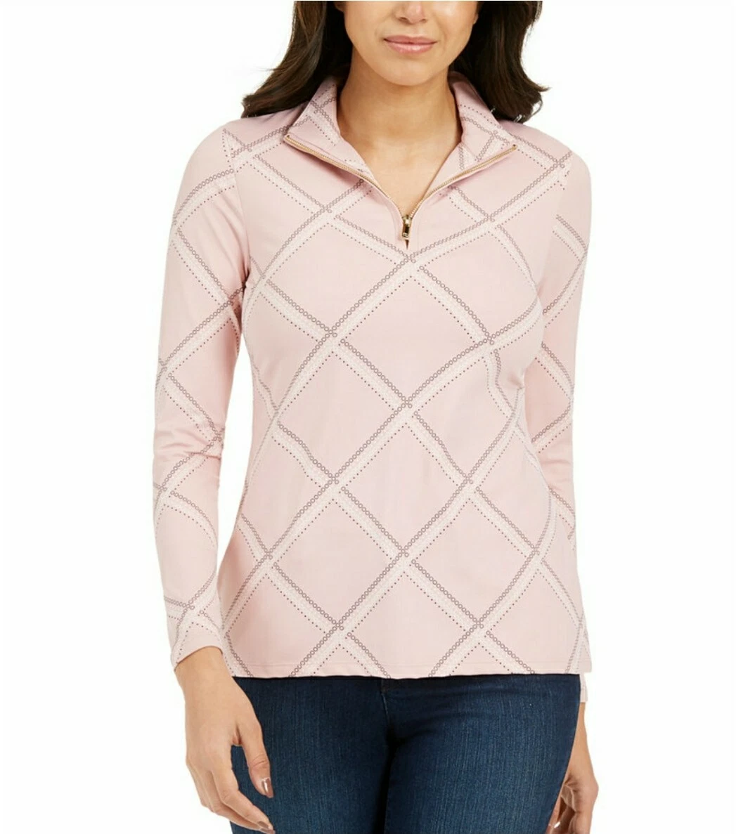 Charter Club Petite Printed Athleisure Mock Neck Top Blouse Pink
