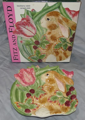 Fitz & Floyd BLACKBERRY RABBIT Canape Plate Tulip Bunny Wall Hanging NEW