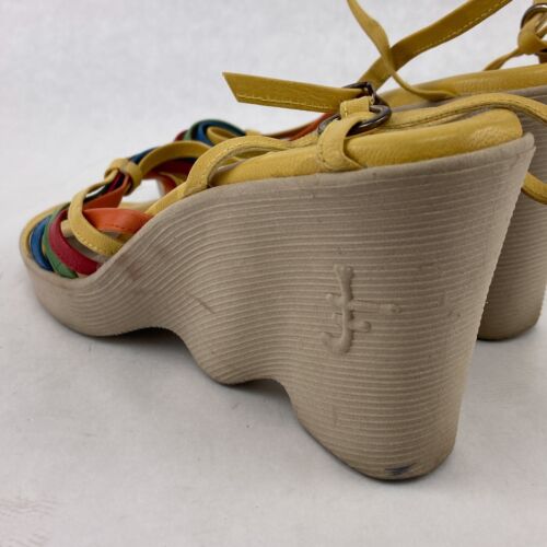 Vintage Famolare Shoes 6 Yellow 70s Hi-Up Leather Wavy Platform Strappy Wedge - Picture 14 of 18