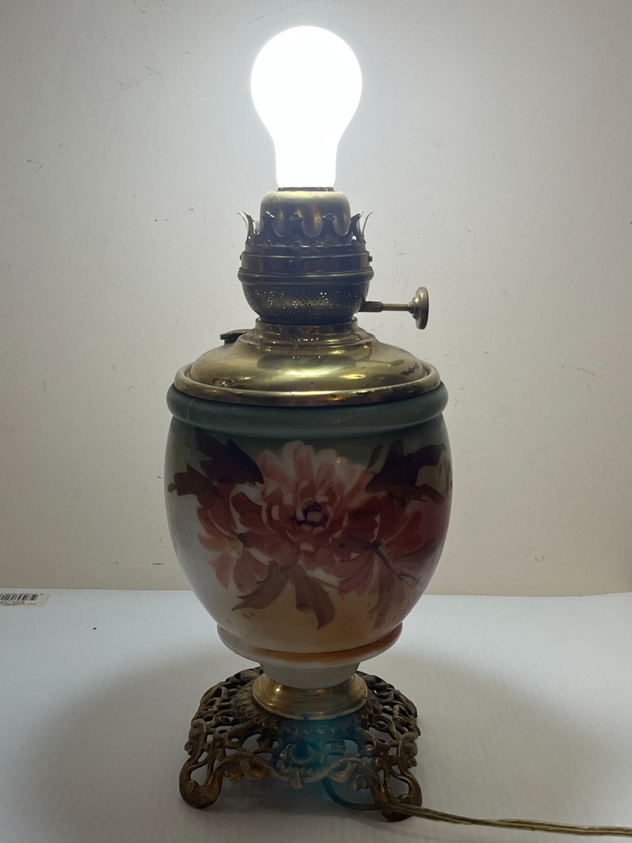 Antique Converted Success Oil Lamp Glass Hand Painted Floral Base