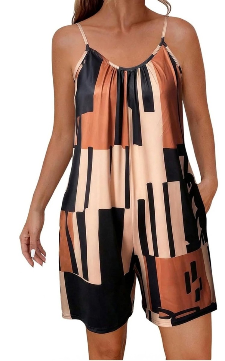 Women’s Geometric Print Romper Sleeveless Spaghetti Strap Jumpsuit w/ Pockets XL View 3