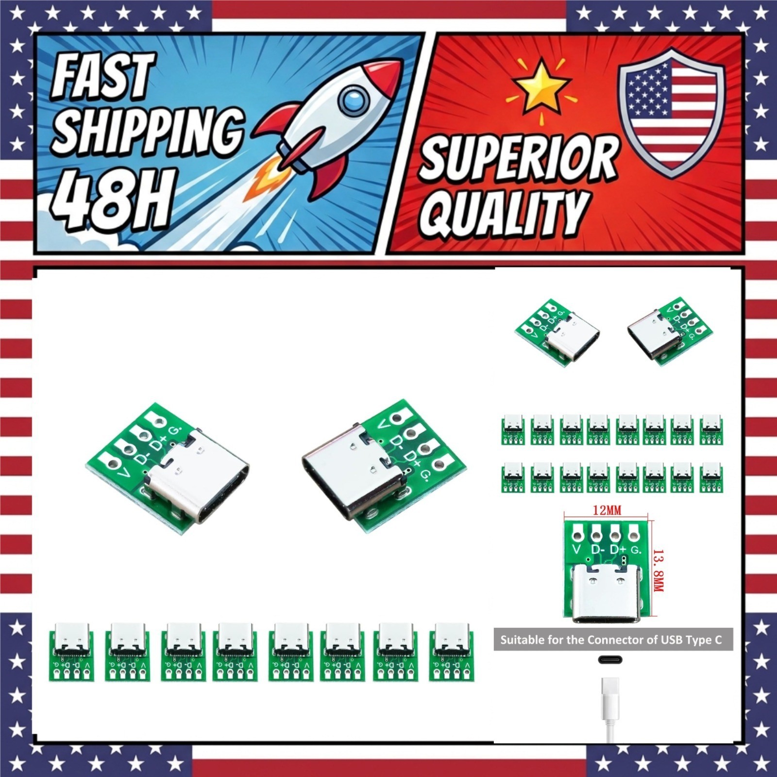10 USB-C Type-C Female Breakout Boards 4-Pin 2.54mm DIY PCB