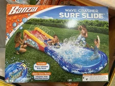 BANZAI Wave Crasher Surf Slide 6 ' Elevated Water Slide & 7' Pool w/Body Board