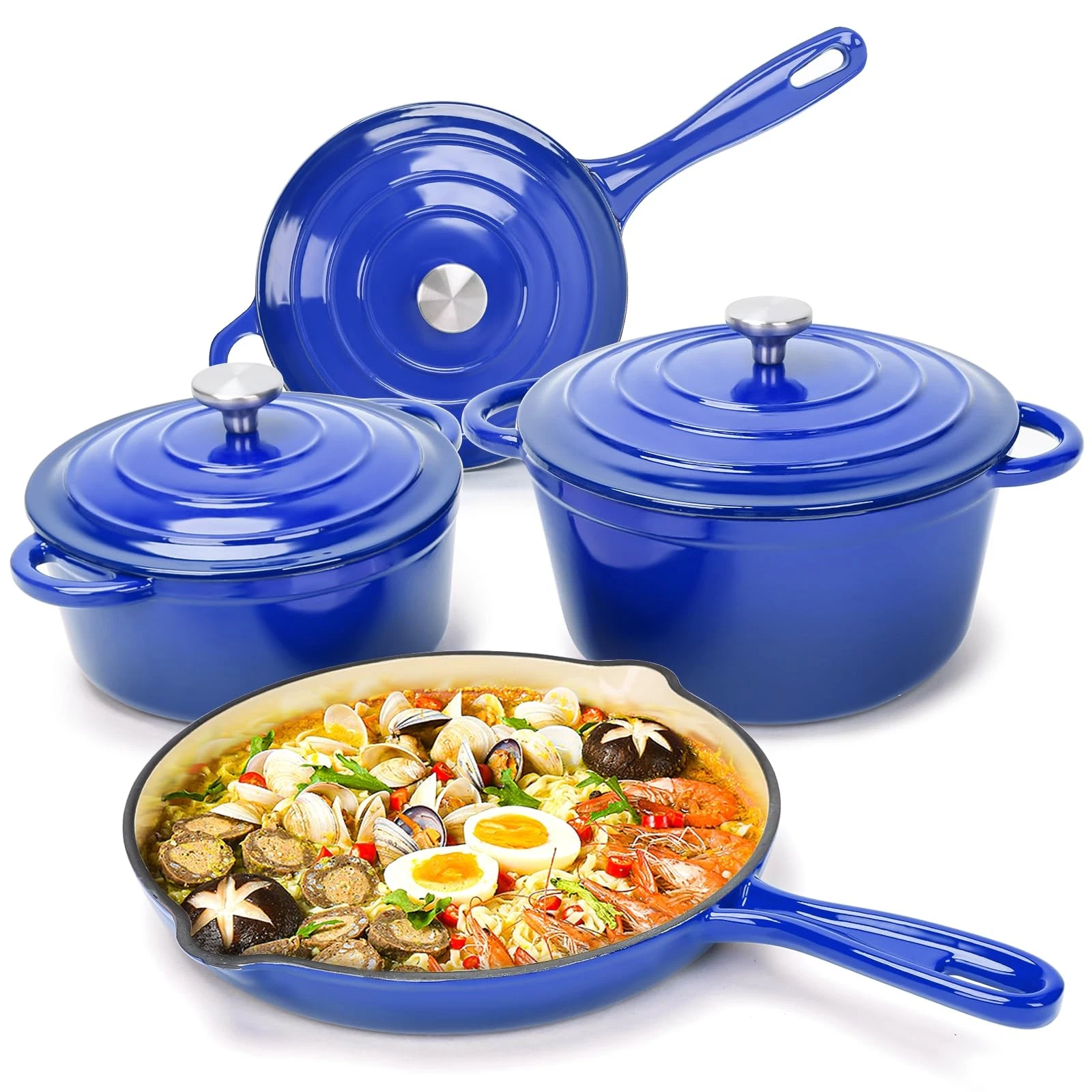Iron Cast 7 Piece Cookware Set Dutch Oven Skillet Cobalt Blue Enameled