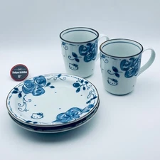 Hello Kitty Blue Rose Mino Ware 2 Mugs & 2 Plates Set – Japanese Porcelain Gift