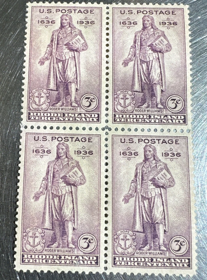 Block of 4 stamps - Scott 777 - 3 cent - Rhode Island Tercentenary - 1936 - MNH - Image 4 of 4