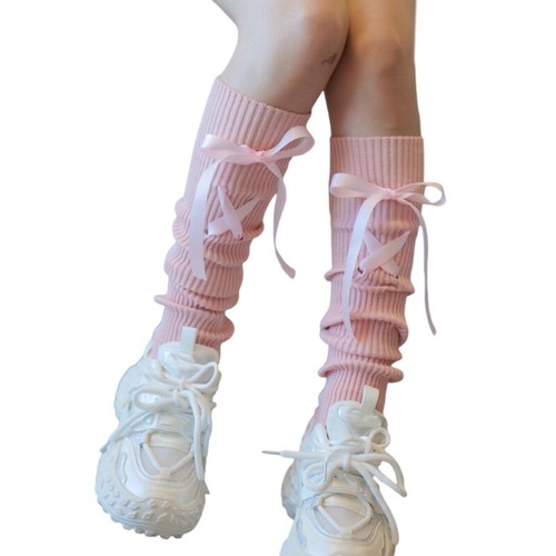 Women Sports Side Double Striped Knitted Leg Warmer Bowknot Footless Long Socks - Picture 11 of 19