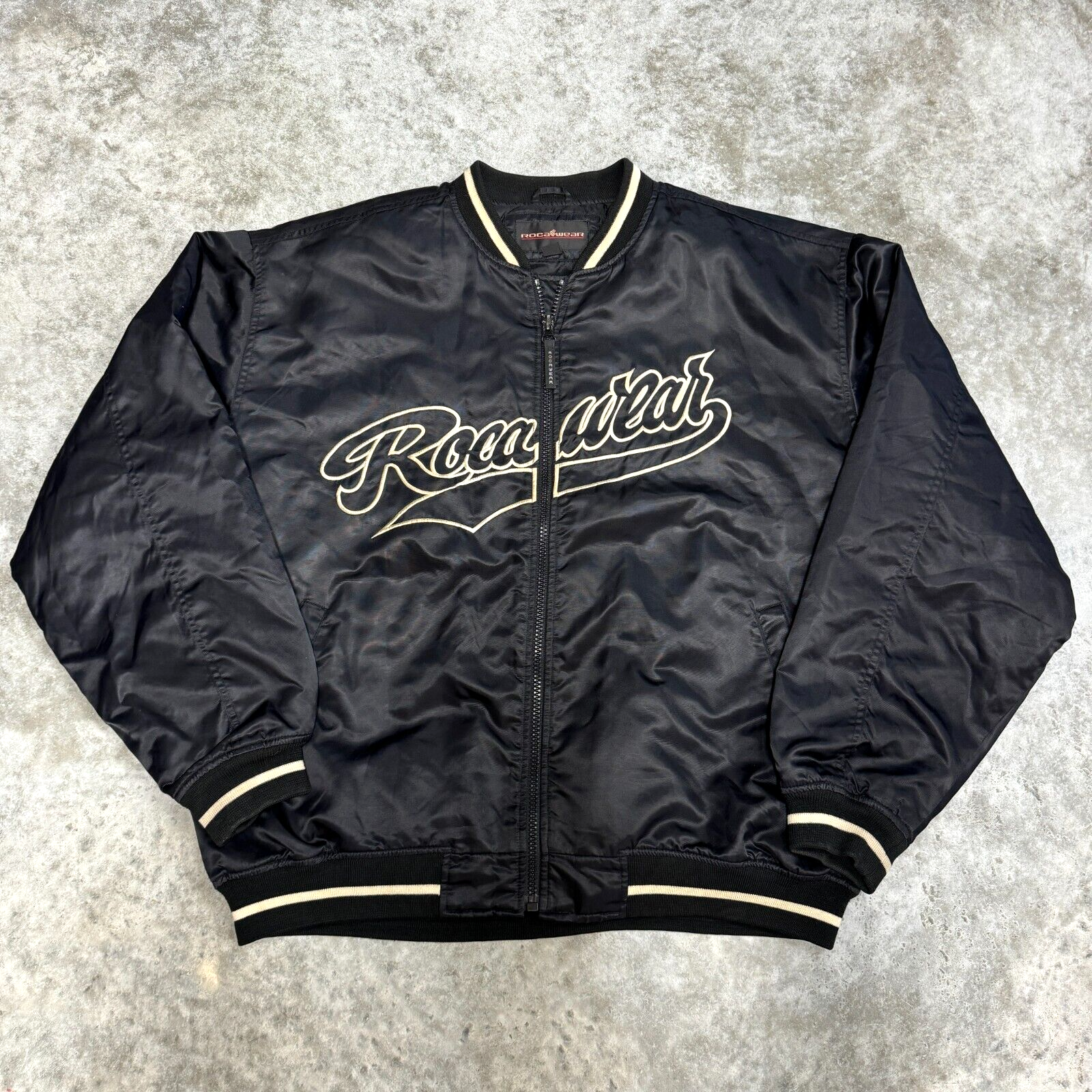 Rocawear mens 2XL y2k Satin bomber jacket black quilt lined vintage baggy 90s