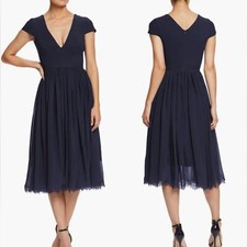 NWOT Dress the Population Dress Fit & Flare Corey br Navy Chiffon Cocktail Sz S