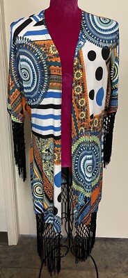 Dor Dor Couture Open Front Duster Artsy Boho Stretch Tassels Bold Colors Sz S