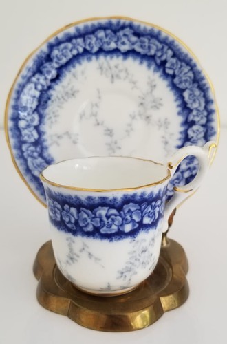Antique Miniature COALPORT Blue & White Pansies Demitasse Cup Saucer Set - Picture 3 of 6