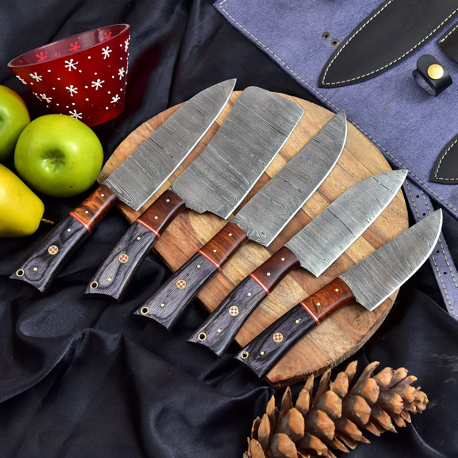 Custom Damascus Steel Chef Knife Set | Handmade Kitchen Knives with Bag | SF1199