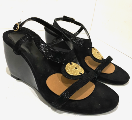 Anne Klein AK Womens Sandals Wedge Ankle Strap Heel Gold Medallion Black Sz 11