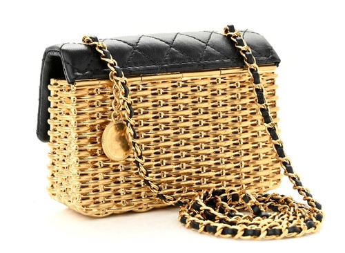 CHANEL Woven Metal Lambskin Quilted Micro Flap Evening Bag in Black & Gold - Picture 9 of 10