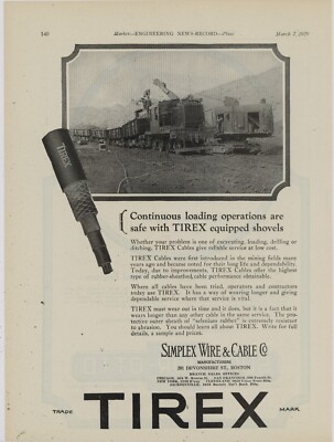 1929 Simplex Wire & Cable Co. Ad: Tirex Cable for Power Shovels - Boston, MA