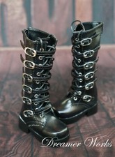 PUNK Military Long Boots PU Leather Shoes Lace-up 6 Buckles for 1/4 1/3 BJD Doll