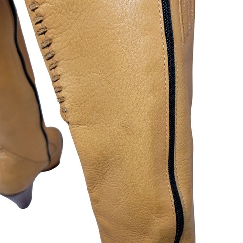 Vintage 70s Western Tan Knee-High Leather Boots Sz 3 Patchwork Stitching Heeled - Picture 11 of 18