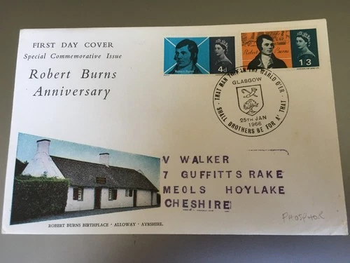 GB STAMPS RARE FIRST DAY COVER 1966 ROBERT BURNS GLASGOW PHOSPHOR