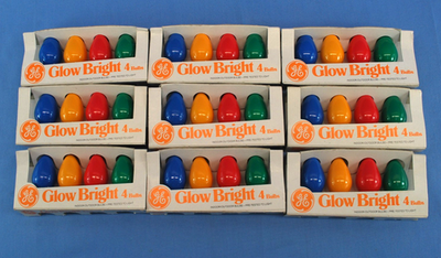 #ad 9x4pack=36 GE Glow Bright 4 Bulbs Blue Yellow Red Green XMAS NOS Lot FREE SHIP $40.00