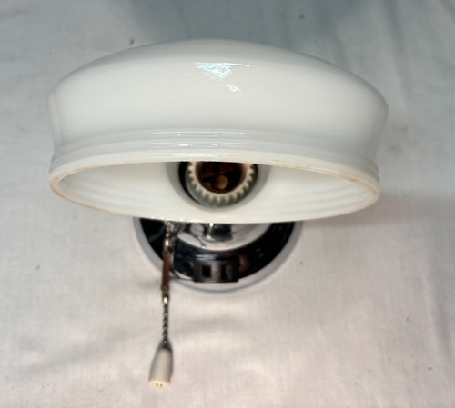 Vtg Chrome Wall Sconce MCM Light Fixture Bathroom Milk Art Glass Shade USA #M72