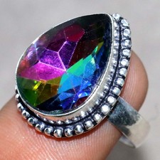 925 Silver Plated Rainbow Mystic Topaz Ring US 8.5 Unique Fashion Jewelry MJ