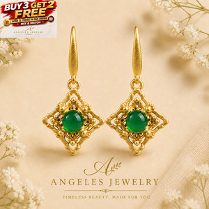 Authentic Green Jade Filigree Drop Dangle Earrings 18K Gold Plated Vintage Hook Jewelry