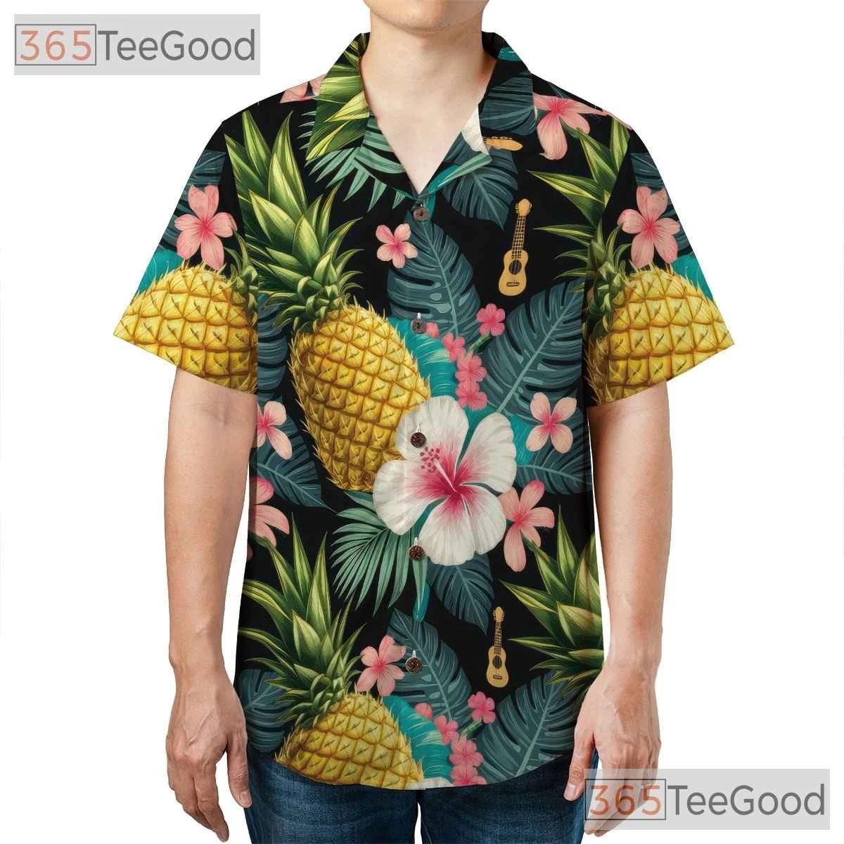 Pineapple White Hibiscus Floral Hawaiian Tee, Trendy Beach Wear for Men Women